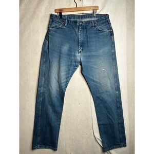Wrangler 13MWZPW Cowboy Cut Original Fit Jeans Mens Blue Denim 37x33 Distressed